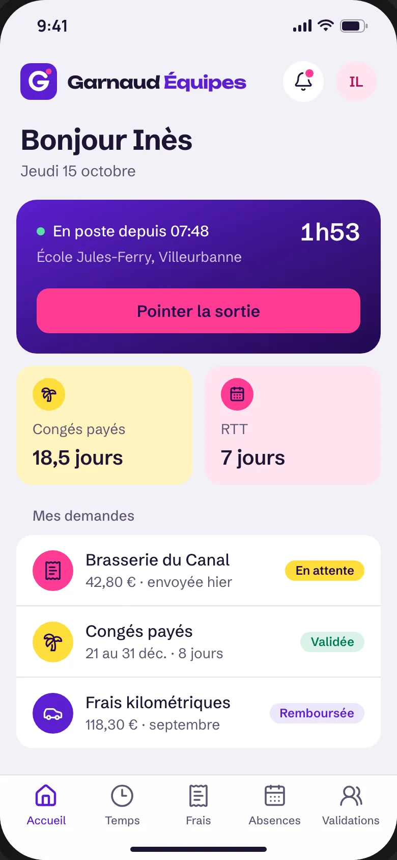 Accueil de Garnaud Équipes : journée pointée depuis 7 h 48 sur un chantier, soldes de congés payés et de RTT, demandes en cours.